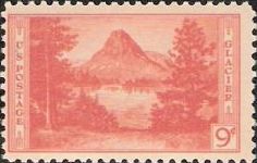 Orange 9-cent U.S. postage stamp picturing Mount Rockwell and Two Medicine Lake