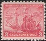 Red 3-cent U.S. postage stamp picturing two ships, the Ark and the Dove