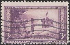 Purple 3-cent U.S. postage stamp picturing Jean Nicolet landing on the shores of Green Bay