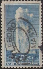 Blue 5-cent U.S. postage stamp picturing Old Faithful