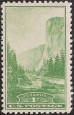 Green 1-cent U.S. postage stamp picturing Yosemite Valley