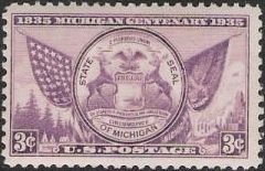 Purple 3-cent stamp picturing Michigan's state seal