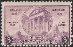Purple 3-cent U.S. postage stamp picturing old Arkansas State House