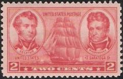 Red 2-cent U.S. postage stamp picturing ship, Stephen Decatur, and Thomas MacDonough