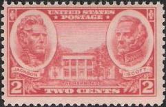Red 2-cent U.S. postage stamp picturing The Hermitage, Andrew Jackson, and Winfield Scott