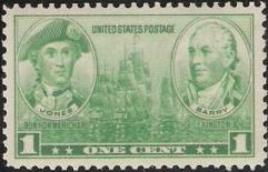 Green 1-cent U.S. postage stamp picturing ships, John Paul Jones, and John Barry