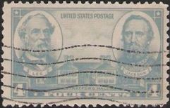 Gray 4-cent U.S. postage stamp picturing Stratford Hall, Robert Lee, and 'Stonewall' Jackson