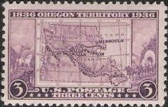 Purple 3-cent U.S. postage stamp picturing map of Oregon Territory