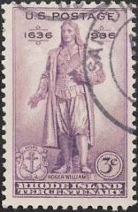 Purple 3-cent U.S. postage stamp picturing state of Roger Williams