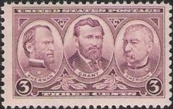 Purple 3-cent U.S. postage stamp picturing William Sherman, Ulysses Grant, and Philip Sheridan
