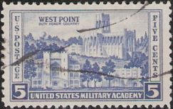 Blue 5-cent U.S. postage stamp picturing U.S. Military Academy