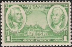 Green 1-cent U.S. postage stamp picturing Mount Vernon, George Washington, and Nathanael Greene