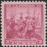 Red violet 3-cent U.S. postage stamp picturing the landing of the Swedes and Finns