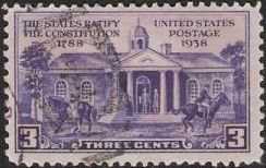 Purple 3-cent U.S. postage stamp picturing Old Courthouse in Williamsburg, Virginia
