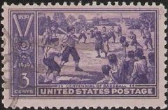 Purple 3-cent U.S. postage stamp picturing people playing baseball