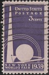 Purple 3-cent U.S. postage stamp picturing stylized design related to New York World's Fair