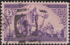 Purple 3-cent U.S. postage stamp picturing painting of Francisco Vasquez de Coronado