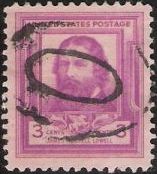 Red violet 3-cent U.S. postage stamp picturing James Russell Lowell