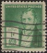 Green 1-cent U.S. postage stamp picturing Eli Whitney