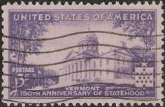 Purple 3-cent U.S. postage stamp picturing Vermont State Capitol