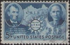 Blue 5-cent U.S. postage stamp picturing map of China, Abraham Lincoln, and Sun Yat-sen