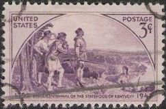 Purple 3-cent U.S. postage stamp picturing part of a Gilbert White painting depicting Daniel Boone