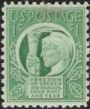 Green 1-cent U.S. postage stamp picturing Liberty