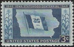 Blue 3-cent U.S. postage stamp picturing Iowa flag and outline of state