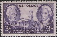 Purple 3-cent U.S. postage stamp picturing Tennessee state capitol, Andrew Jackson, and John Sevier