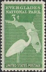 Green 3-cent U.S. postage stamp picturing bird and outline of Florida