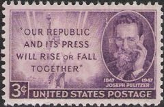 Purple 3-cent U.S. postage stamp picturing Joseph Pulitzer and Statue of Liberty