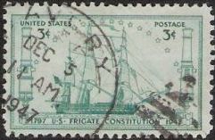 Blue green 3-cent U.S. postage stamp picturing U.S. frigate Constitution