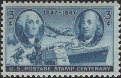 Blue 3-cent U.S. postage stamp picturing George Washington, Benjamin Franklin, and airplane, rider on horse, trains, and ship