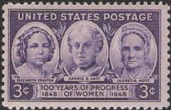 Purple 3-cent U.S. postage stamp picturing Elizabeth Stanton, Carrie Catt, and Lucretia Mott