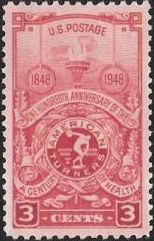 Red 3-cent U.S. postage stamp picturing torch and American Turners seal