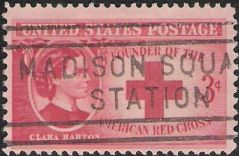 Red 3-cent U.S. postage stamp picturing Clara Barton and Red Cross