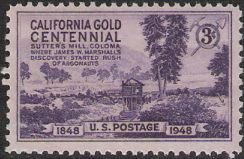 Purple 3-cent U.S. postage stamp picturing Sutter's Mill in Coloma, California
