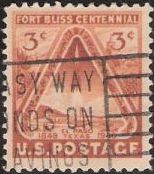 Brown orange 3-cent U.S. postage stamp picturing rocket launching from El Paso, Texas