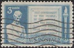 Blue 3-cent U.S. postage stamp picturing Abraham Lincoln and text 'That government of the people, by the people, for the people, shall not perish from the earth'