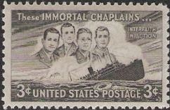 Black 3-cent U.S. postage stamp picturing four chaplains and S.S. Dorchester