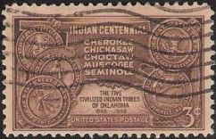 Brown 3-cent U.S. postage stamp picturing outline of Oklahoma and seals of Cherokee, Chickasaw, Choctaw, Muscogee, and Seminole tribes