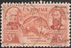 Brown red 3-cent U.S. postage stamp picturing covered wagon, John McLoughlin, and Jason Lee