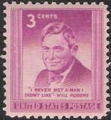 Red violet 3-cent U.S. postage stamp picturing Will Rogers