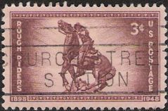 Purple brown 3-cent U.S. postage stamp picturing statue of rider on horse