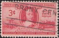 Red 3-cent U.S. postage stamp picturing Peter Stuyvesant and fire fighting equipment