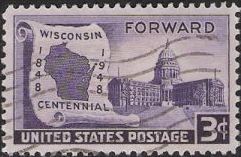 Purple 3-cent U.S. postage stamp picturing Wisconsin state capitol and outline of state