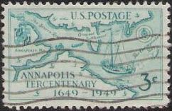 Blue green 3-cent U.S. postage stamp picturing map of Annapolis area