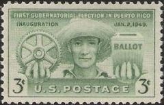 Green 3-cent U.S. postage stamp picturing farmer holding cogwheel and ballot box