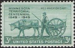 Blue green 3-cent U.S. postage stamp picturing ox pulling cart