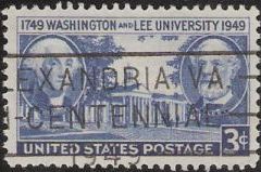 Blue 3-cent U.S. postage stamp picturing Washington and Lee University building, George Washington, and Robert E. Lee